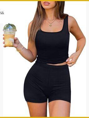 Slim Fit Square Neck Tank Top with High Waisted Shorts Workout Set
